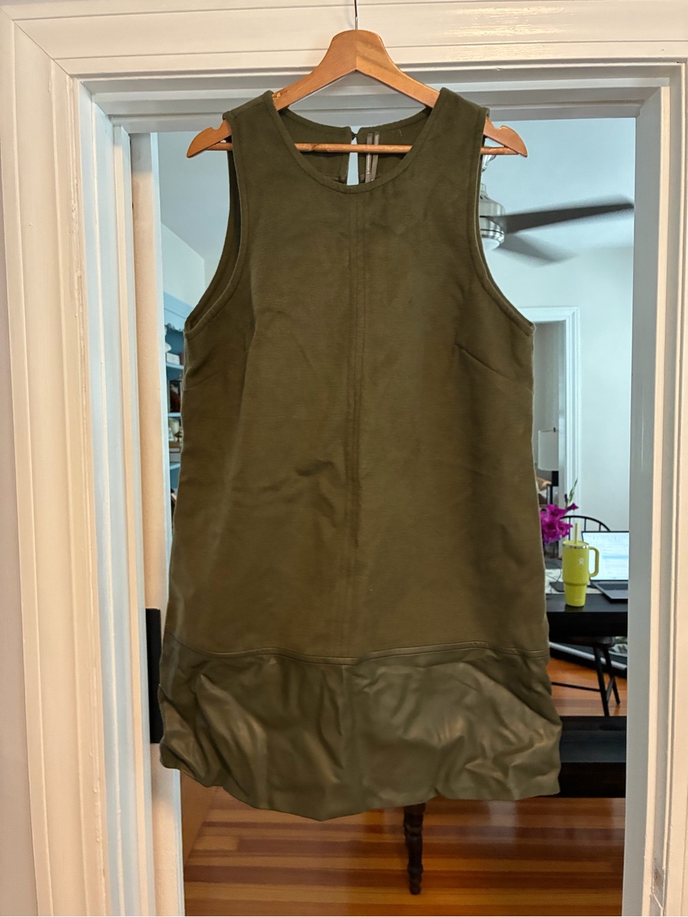 Anthropologie Olive Green Sleeveless Shift with Leather-Look Hem